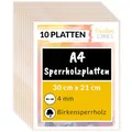 Produktbild: Creative Deco 10 x A4 Sperrholzplatte 4mm | 300 x 210 (+/- 2) mm | Birkensperrholz Dünne holz-Zuschnitte | Perfektes Blatt für Laubsäge, Brandmalerei, Laserschnitt, CNC Router, Durchbrochenes