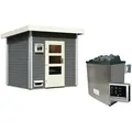 Produktbild: Karibu Gartensauna Pultdach Saunahaus Norge terragrau Moderne Saunatür (Klarglas) 9 kW Ofen inkl. Steuergerät inkl. 10-teiligem gratis Saunaset im Wert von 232,94 €