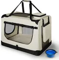 Produktbild: Juskys Hundetransportbox Lassie XL (beige) faltbar - 56 x 81 x 58 cm - Hundebox mit Decke, Tasche & Griffen – Stoff Autotransportbox für Hunde