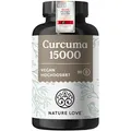 Produktbild: NATURE LOVE® Curcuma 15000 - Kurkuma Kapseln - 9 Monate Reichweite - hochdosiert 95% Curcumin pro Kapsel - mit schwarzem Pfeffer - vegan, laborgeprüft & in Deutschland produziert