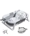Produktbild: Faltbare Baby-Badewanne mit Echtzeit-Temperaturanzeige, Schwimmkissen & Abfluss, tragbare Reise-Badewanne für Neugeborene & Kleinkinder (0–36 Monate), platzsparende (Grau mit Rutschfeste Kissen)