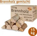 Produktbild: Brennholz Gemischt Kaminholz 15 kg Buche Eiche Birke Kiefer Fichte Holz Für Ofen und Kamin Kaminofen Feuerschale Grill Feuerholz 25 cm Wood Kammergetrocknet Flameup