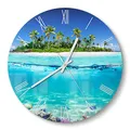 Produktbild: DEQORI Glasuhr | rund Ø 30 cm | Motiv Insel im tropischen Meer | ausgefallene leise Design Uhr aus Glas | Wanduhr für Wohnzimmer & Küche | moderne Hingucker Uhr für die Wand