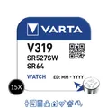 Produktbild: 15 x Varta 319 Uhrenbatterien 1,55 V SR527SW SR64 RW 328 21mAh Knopfzelle