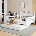 Produktbild: MODFU Schlafsofa Holzbett Ausziehbett Kinderbett Jugendbett, 140*200 cm, Mit Schreibtisch Bücherregalen Ablagefächern und Regalen, Mit Steckdose, Weiß ohne Matratze