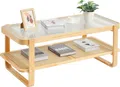 Produktbild: VEVOR Rattan-Couchtisch rechteckiger Kaffeetisch aus geflochtenem Rattanholz mit Tischplatte aus gehärtetem Glas, 115 cm moderner Boho-Couchtisch