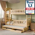 Produktbild: Hochbett 90x200 Etagenbett Kinderbett Jugendbett Stockbett 3 Kinder, mit zwei Schubladen, Kinder Bett umbaubar in 3 Einzelbetten | von 4. bis 16. Lebensjahr | inkl. Lattenrosten & 3 Matratzen | natur