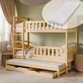 Produktbild: Kids Collective Hochbett 90x200 Etagenbett Kinderbett Jugendbett Stockbett 3 Kinder, mit Zwei Schubladen, umbaubar in 3 Einzelbetten | 4. bis 16. Lebensjahr | inkl. Lattenrosten & 3 Matratzen | Natur