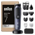 Produktbild: Braun All-in-One Trimmer-Set 7, 13-in-1 Multigroom, Barttrimmer, Nasenhaartrimmer, Haarschneidemaschine für Gesicht, Kopf und Körper, 120 Min Akku, 14 Längen (0.1–21 mm), Wasserdicht, AIO7565, Blau