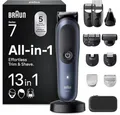 Produktbild: Braun Multifunktionstrimmer Braun All-in-One Trimmer-Set 7, 13-in-1 Multigroom, AIO7565, Blau, Barttrimmer, Nasenhaartrimmer, Haarschneidemaschine, 120 Min Akku, 14 Längen (0.1–21 mm), Wasserdicht, AIO7565