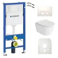 Produktbild: Lavita Duofix Basic Vorwandelement + Wand Tiefspül WC Praia Weiß Spülrandlos + WC Sitz + Bedienplatte Delta 25 Weißer Knopf Komplettset Unterputz Spülkasten Toilette Komplett Sett WC
