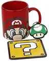 Produktbild: Super Mario Geschenkset mit Tasse, Untersetzer und Schlüsselanhänger in Geschenkbox (Super Mario Design) 325ml Keramikbecher - Offizielles Lizenzprodukt
