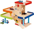 Produktbild: goki 53821 Parkhaus, große Spielgarage aus Holz, 51,9 x 31,4 x 38,5 cm, mehrstöckig, mit Aufzug Rampe, Tankstelle und Waschstraße