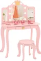 Produktbild: GOPLUS Schminktisch mit Spiegel und Hocker, Frisiertisch aus Holz und Kieferbeine, Antikipp-Schutz (Rosa-mit Beleuchtung)