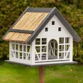 Produktbild: Vogelhaus Futterhaus 45cm Vogelfutterhaus Vogelhäuschen Fachwerk Reetdach Holz