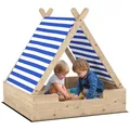 Produktbild: AIYAPLAY Sandkasten mit Abdeckung 120 x 120 cm aus Massivholz Imprägniert Kinder Sandbox mit Zeltdach Bodenvlies, Sandkiste für Outdoor Terrasse Balkon Garten