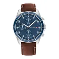 Produktbild: Tommy Hilfiger Herren Multifunktionale Quarz-Uhr 44mm - 3 Sub-Dials, Blaues Zifferblatt, Braunem Lederarmband, Wasserdicht bis 5ATM - 1791837