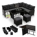 Produktbild: Juskys Gartenlounge Manacor schwarz - Sofa, Tisch, Hocker & Kissen - 8 Personen - Sitzbezüge in Grau