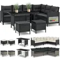 Produktbild: Polyrattan Lounge Manacor – Gartenlounge Mit Sofa, Tisch, 2 Hocker & Kissen – Gartenmöbel Set Bis 7 Personen – Schwarz, Sitzbezüge In Grau - Juskys