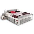 Produktbild: STEFAN Moderne Doppelbett Bettanlage 140 x 200 cm mit 2x Nachtkommoden - Schlafzimmer Komplett-Set in Beton-Optik, Weiß - 145 x 86 x 204 cm (B/H/T)