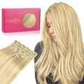 Produktbild: WENNALIFE Clip in Extensions Echthaar, 55cm 22 Zoll 120g 7pcs Hellblond Highlights Goldblond Hair Extensions Clip in Echthaar Remy Clip in Haarverlängerung Natürliche Echthaar Extensions