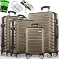 Produktbild: tillvex® Reisekoffer Set 4-TLG. + Gepäckwaage, 8X Koffergurte & 4X Kofferanhänger | Kofferset 4 Rollen | Trolley Gepäck Koffer TSA Schloss | Rollkoffer Hartschalenkofferset S-M-L-XL (Roségold)