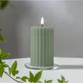Produktbild: LED Wachs Kerze STRIPE green Timer  3D Flamme, Stumpen Kerzen geriffelt 15x7,5cm