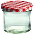 Produktbild: 50er Set Sturzglas 125 ml Marmeladenglas Einmachglas Einweckglas To 66 rot karierter Deckel incl. Diamant-Zucker Gelierzauber Rezeptheft