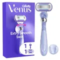 Produktbild: Gillette Venus Extra Smooth Swirl Rasierer Damen, Nassrasierer mit Einem Hauch von Vitamin E — Inkl. 1 Ersatzklingen, Schwenkbares Handstück und Duschhalterung — Lila