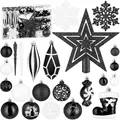 Produktbild: BRUBAKER 128 Stück Premium Christbaumschmuck - XXL Weihnachtskugel Set mit Glitzer Kugeln, Eiszapfen, Diamant Anhänger, Bonbon, Nikolaus Stiefel und Baumspitze Stern - Baumschmuck - Schwarz