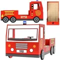 Produktbild: CASARIA® Kinderbett 90x200cm mit Rausfallschutz Lattenrost 120kg belastbar 3D Leuchte Sirene Lenkrad Feuerwehr Bett Jugendbett Juniorbett Autobett... - Rot