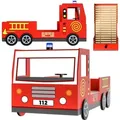 Produktbild: Casaria® Kinderbett 90x200cm Mit Rausfallschutz Lattenrost 120kg Belastbar 3d Leuchte Sirene Lenkrad Feuerwehr Bett Jugendbett Juniorbett Auto-bett Rot