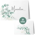 Produktbild: 50 Stück Tischkarten Hochzeit | Namenskarten by Things of Happiness | Elegantes Design Sitzplatzkarten | Platzkarten, Namensschilder zum Beschriften 50er Set im Boho Design (Grün Eucalyptus)