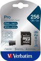 Produktbild: Verbatim microSDXC-Card 256GB, PRO, U3, UHS-I, 4K UHD (R) 100MB/s, (W) 90MB/s, SD Adapter, Retail-Blister
