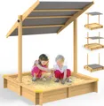 Produktbild: SPIELWERK® Sandkasten Fritzi Sonnendach 140x140x120cm Naturholz Fichtenholz UV-Schutz Sandbox UV50+ Kantenschutz Bodenvlies Sandspielzeug Kinder