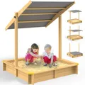 Produktbild: Spielwerk® Sandkasten Fritzi Sonnendach 140x140x120cm Naturholz Fichtenholz UV-Schutz Sandbox UV50+ Kantenschutz Bodenvlies Sandspielzeug Kinder
