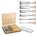 Produktbild: bestTools Stechbeitel Set für Holz, 6-teiliges Holzschnitzwerkzeug mit Schleifstein & Holzkiste, Schnitzwerkzeug aus Chrom-Vadium Stahl für präzise Holzbearbeitung, Stemmeisen für Profis
