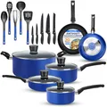 Produktbild: SereneLife Töpfe und Pfannen Set, Kochgeschirr Set 20-Teilig, Antihaft Cookware Set Inkl. Topfset, Pfannenset & Küchenzubehör, für Gas, Elektro & Keramik, PFOA/PFOS frei, Spülmaschinenfest, Blau