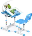 Produktbild: GOPLUS Kinderschreibtisch mit stuhl Höhenverstellbar, Kindertisch Set mit Lampe & Bücherregale, tisch Neigungsverstellbar 0-40°, Kindermöbel, Blau