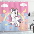 Produktbild: ABAKUHAUS Einhorn Duschvorhang, Regenbogen-Musik-Anmerkungen, Stoffliches Gewebe Badezimmerdekorationsset mit Haken, 175 x 180 cm, Gelb und Rosa