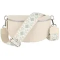 Produktbild: MIRROSI Bauchtasche Damen, Echtleder, Made in Italy, Umhängetasche, Brusttasche, (Schultertasche für jeden Anlass (1 Tasche & 2 Gurte), Crossbody Bag, Beige, gemusterten& verstellbaren Schulterriemen beige Mittelgroße Tasche (25x16x7cm)