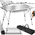 Produktbild: tectake® Campingtisch, Klapptisch aus Aluminium, aufrollbare XXL Tischplatte, Campingtisch faltbar, Reisetisch, Gartentisch, wetterfest, höhenverstellbare Beine, Tragetasche, 120 x 70,5cm - Silber