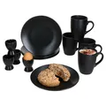 Produktbild: MamboCat Nero 12tlg Frühstücksset schwarz I Je 4x matte kleine Teller, Kaffeebecher 250ml & Eierbecher für 4 Personen I Tasse, Kuchenteller I Steingut-Geschirr für Frühstücks- & Kaffeezeit