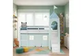 Produktbild: Homestyle4u Hochbett 90x200 Stockbett Vorhang Kinderbett Holz Kiefer Weiß Grün Mint Kinder (Set, mit Rutsche und Turm, Junge, Spielbett) mit Rausfallschutz