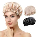Produktbild: Duschhaube, 2 Stück Wasserdichte Duschhauben, Shower Cap, Duschhaube für Damen, Haarhaube für Die Nacht, mit Elastischem Band, Wiederverwendbare Dusche Kappen für Mädchen Frauen (I)