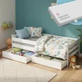 Produktbild: Bellabino Kuru Kinderbett 90x200 cm – Jugendbett mit 2 Schubladen - Kinder Bett mit Matratze, Rausfallschutz & Lattenrost – Einzelbett für Jungen und Mädchen Kinderzimmer – Kids Bed mit Stauraum Weiß