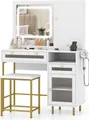 Produktbild: COSTWAY Schminktisch Frisiertisch Kosmetiktisch mit Ladestation, LEDs, Schmuckschrank, Hocker, Spiegel, 3 Schubladen & Haartrocknerhalterung weiß