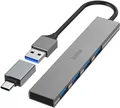 Produktbild: Hama USB-Hub, 4 Ports, USB 3.2 Gen1, 5 Gbit/s, Ultra Slim, inkl. USB-C-Adapter (00200141)