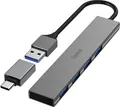 Produktbild: Hama USB Hub 200141 USB A 4 Ports 5 Gbit/s + USB-C adapter silber
