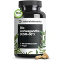 Produktbild: natural elements Bio-Ashwagandha – KSM-66® Premiumrohstoff (180 Kapseln mit überdurchschnittlicher Reichweite) – 5% Withanolid-Gehalt – laborgeprüft, vegan und hochdosiert